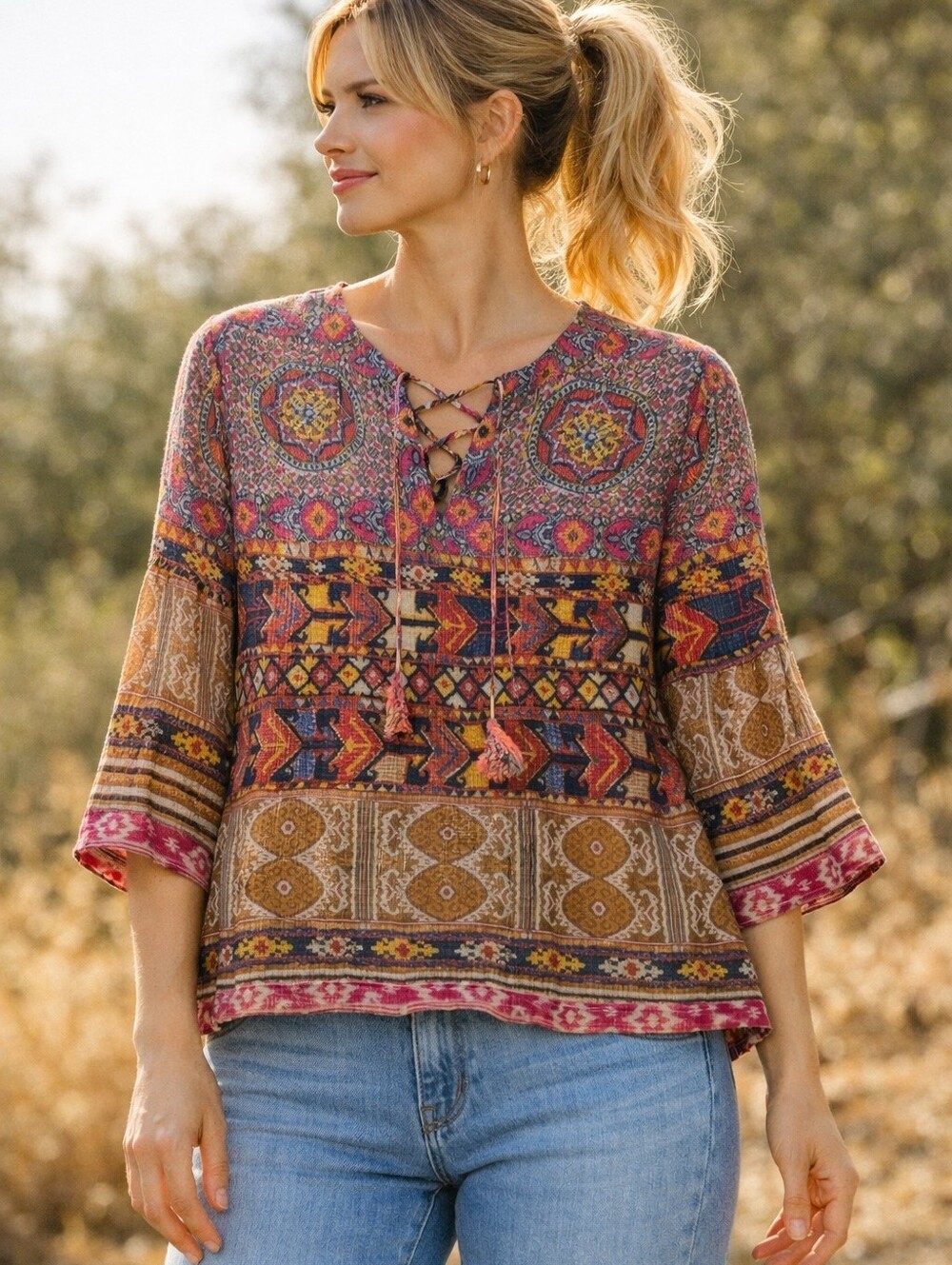 Ruby Rd Bohemian Aztec Hippie Jewel Tone Metallic Thread Top Oversize M, PTP 21"